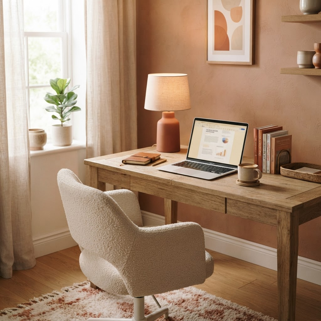 Canto de escritório em casa com um portátil aberto, um pequeno conjunto de livros e uma planta